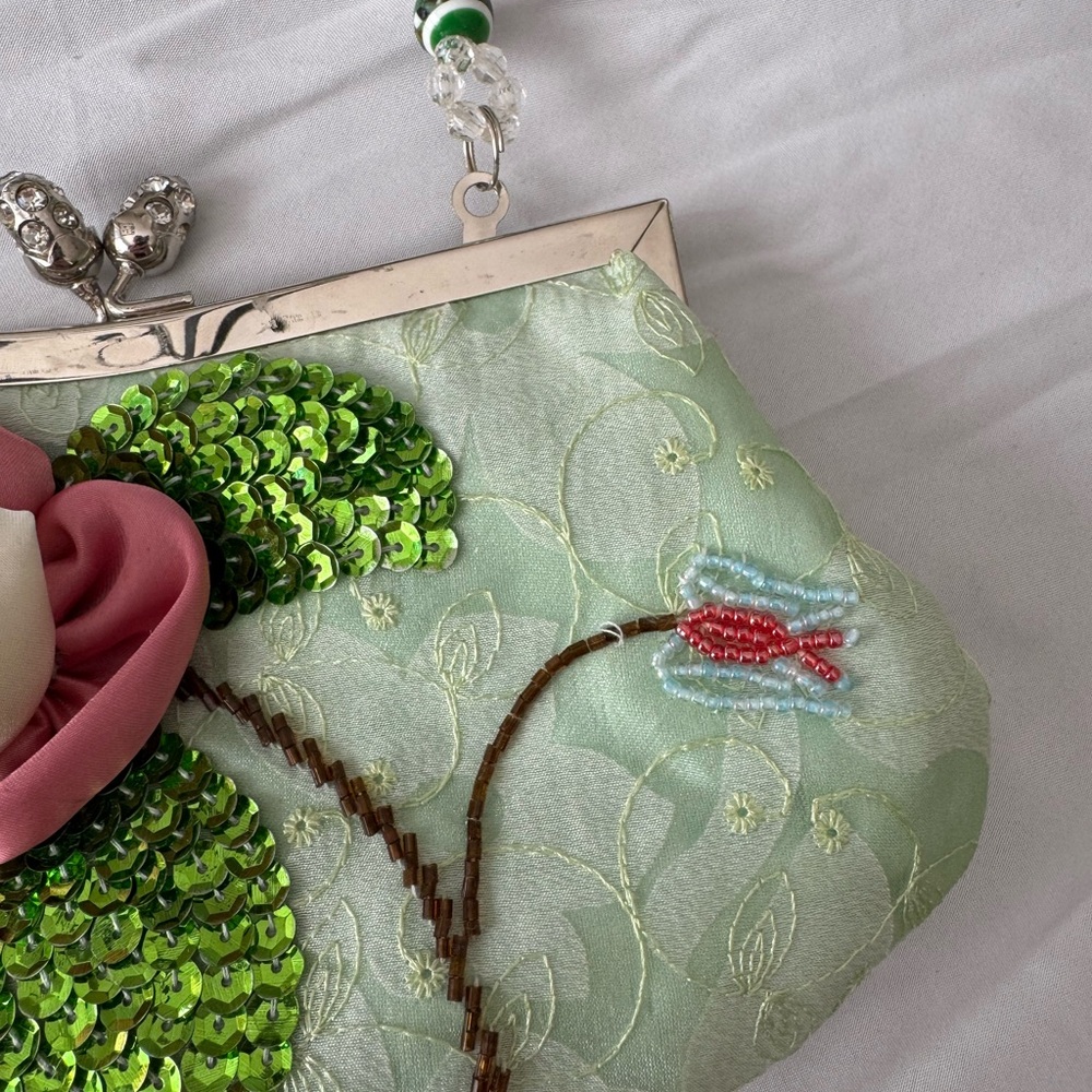 Vintage Beaded Floral Satin Purse – Mint Green Sequin Clutch Embellished - Picture 2 of 10